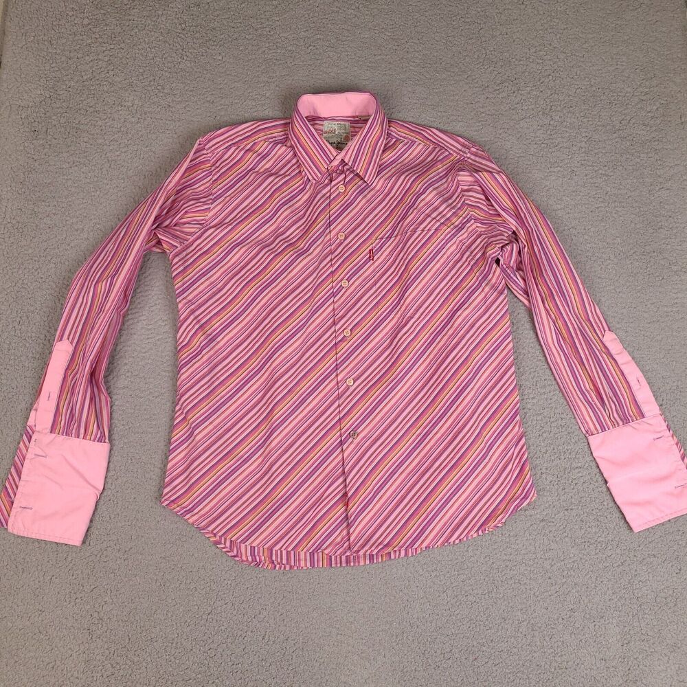 Pepe Jeans London Dress Shirt Mens Large Pink Striped French Cuff Button Down